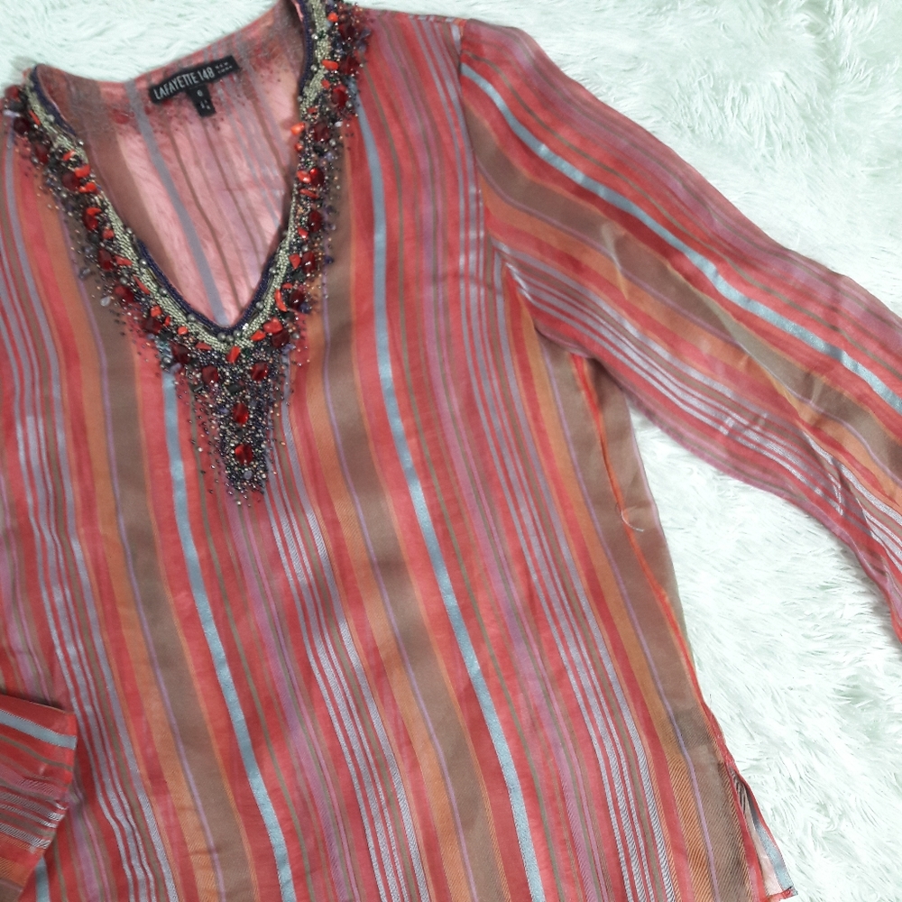 Lafayette 148 red striped sheer beaded top